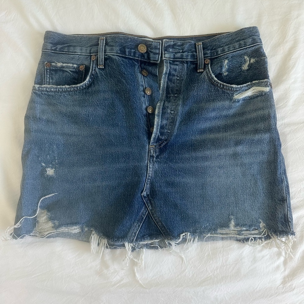 Agolde Distressed Blue Denim Mini Skirt